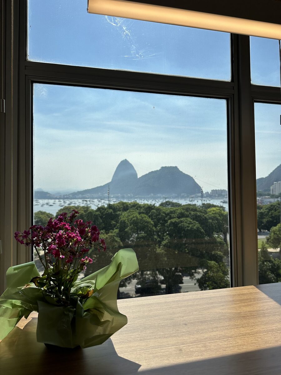 Vista da janela do consultório pediátrico da Dra. Julia Cunha em Botafogo, com a Enseada e o Pão de Açúcar